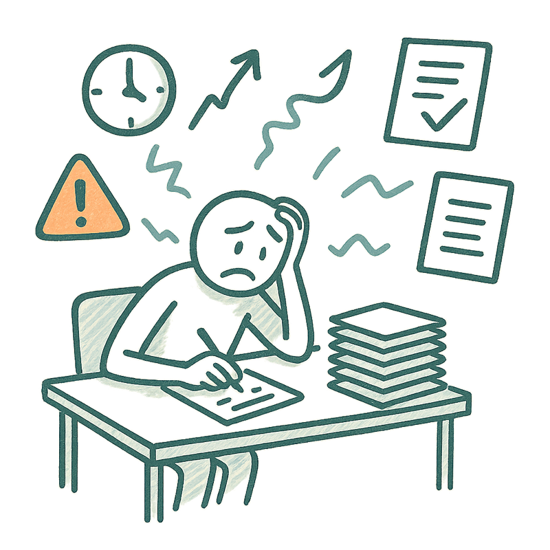 Frustrierte arbeitspädagogische Fachperson, die von der Menge an Dokumentationsaufgaben überwältigt ist.