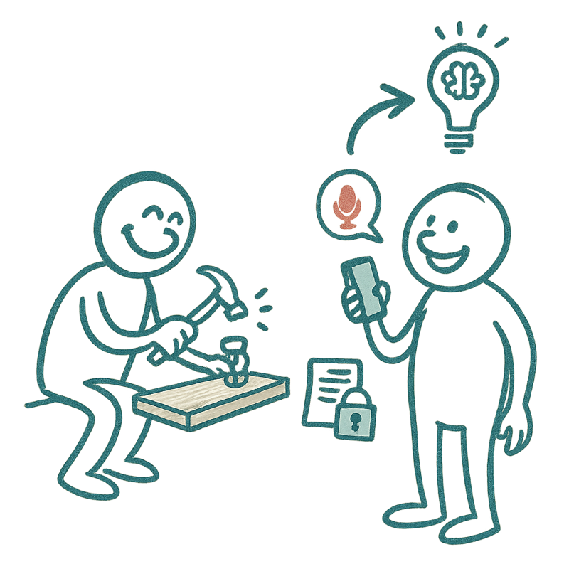 Illustration einer arbeitspädagogischen Fachperson, die mit einem Tablet arbeitet, unterstützt von einer freundlichen KI-Figur, welche Notizen in Berichte umwandelt und sicher ablegt.